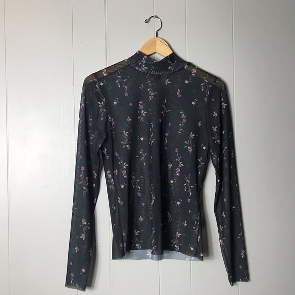 AFRM Tops - AFRM SHEER MESH BLACK FLORAL PATTERN MOCH TURTLENECK BLOUSE WOMENS SIZE LARGE